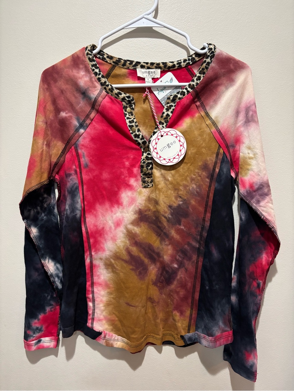 Umgee Tie-Dye Long Sleeve Top with Leopard Trim Fall Cotton NWT Women’s Small